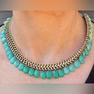 Stella & Dot Gold and Green Choker Necklace with Intricate Design